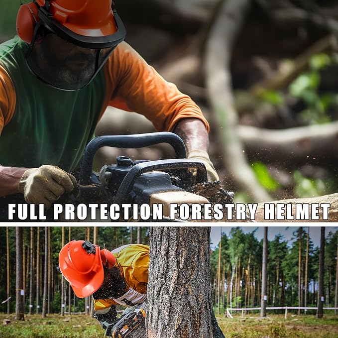 Chainsaw Helmet with Face and Ear Muffs, Forestry Safety Helmet for Mowing, Trimming, Yard Work, Landscaping, Construction and Weed Whacking