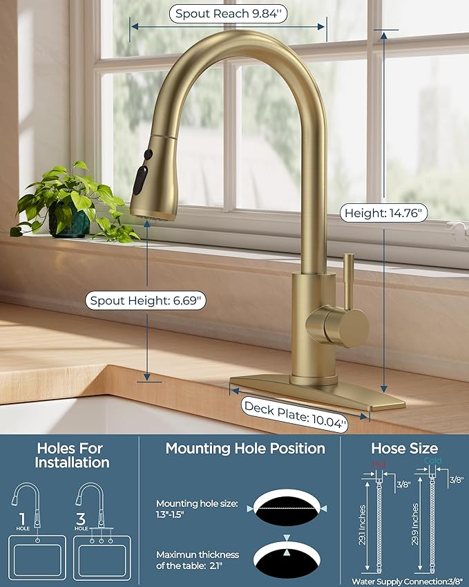 Kitchen Faucet with Pull Down Sprayer, Gold High Arc Stainless Steel Classic Sink Faucet, Single Handle with Deck Plate for 1 or 3 Hole Sinks for RV Bar Laundry Farmhouse
