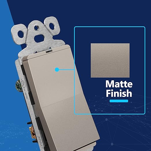 LIDER Minimalist Design Matte Finish Lighted Decorator Switch, Frameless Paddle Light Switch with Locator Light, Grounding Screw, 3-Way or Single Pole, 15A 120V, UL listed, LS15-3W-NK5P, Nickel 5 Pack