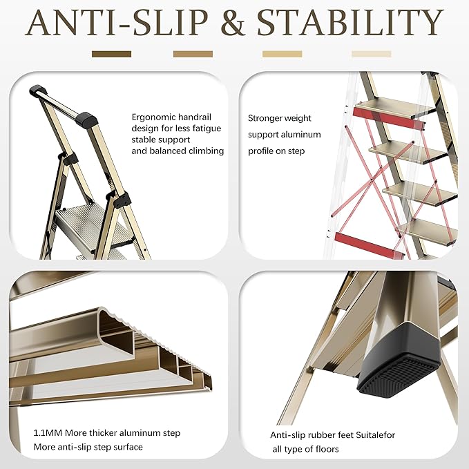 6 Step Ladder, Portable Step Ladder with Handrails, Folding Step Stool for Adult, Aluminum Step Ladder for Closet, Kitchen, Outdoor, 330LBS - Champagne Gold