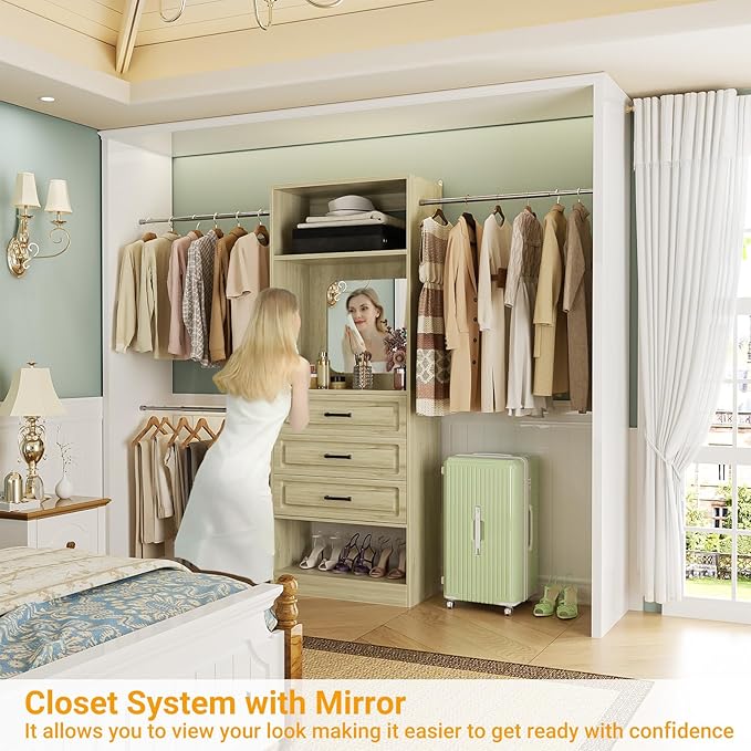 Unikito 48" W - 96” W Closet System with Mirror, 8FT Walk in Closet Organizer Kits with Drawers and 3 Extendable Hanging Rod, Sturdy Wood Garment Rack with 25” Tower, Max Load 1000 LBS, White Oak