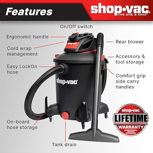 Shop-Vac 5761011 10 Gallon Wet/Dry Shop Vacuum, 4.5 Peak HP, 1.5 Inch Diameter x 7 Foot Hose, 20 Foot Cord, Ideal for Home, Garage, and Workshop Cleaning