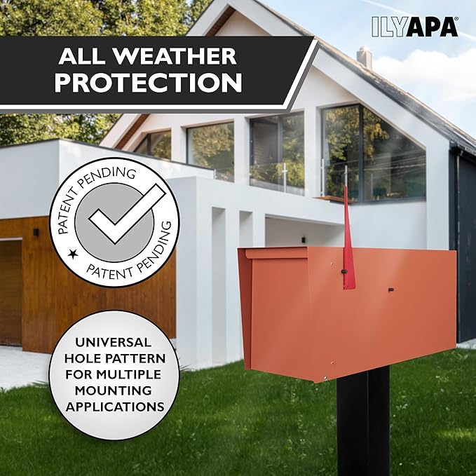 Ilyapa Modern Mailbox for Outside Post Mount - Terracotta Heavy Duty Powder Coated Metal Mailbox, Waterproof Letter Box for Parcels