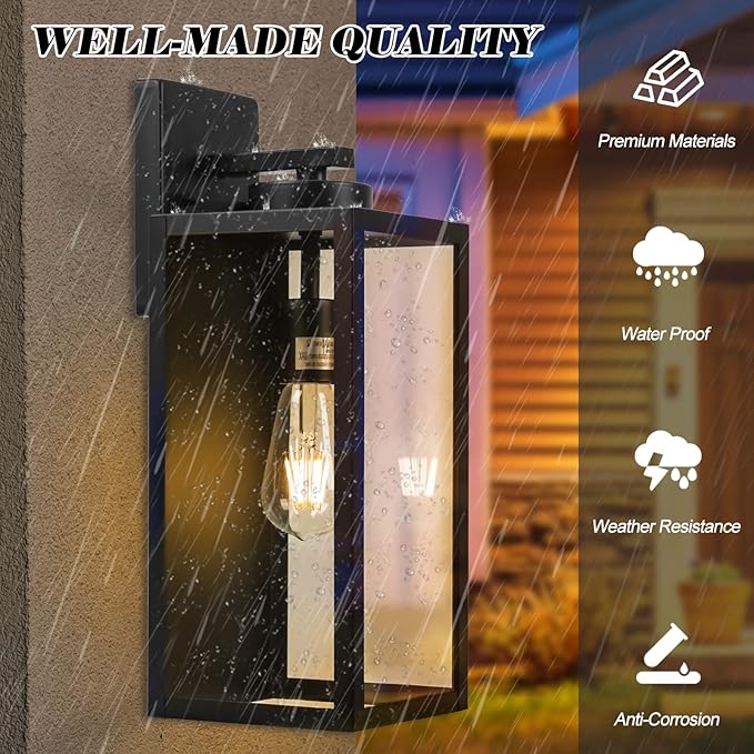 16-inch Large Outdoor Wall Light Fixture, Black Exterior Wall Lantern Waterproof, Farmhouse Porch Sconce Lighting With Glass, Modern Wall-Mounted Outside Lights for House, Garage, Patio Lamp, 2 Packs