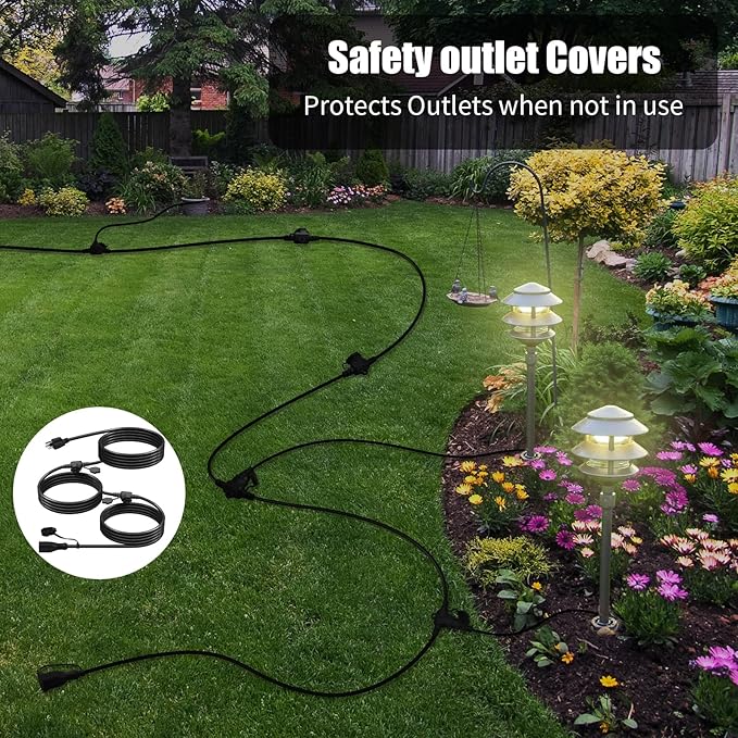 25Ft Outdoor Extension Cord - Evenly Spaced 3 Outlets Plugs with Safety Cover, 16/3 SJTW Weatherproof Multi Outlet Extension Cord for Landscape, Halloween, Holiday Decor, ETL Listed (Black)