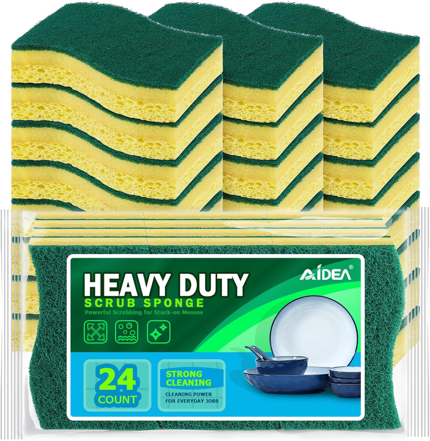 AIDEA Heavy-Duty Scrub Sponges, 24Count, Sponge for Non-Coated Cookware, Kitchen Sponges for Dishes, Scrubbing Power for Tough Messes, Cleaning Sponge for Kitchen, Bathroom, Household