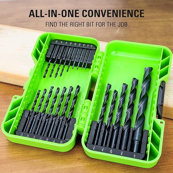 Greenworks 21 Pcs Black Oxide Drilling Bit Set,135 Degree Split Point, Black Oxide Coated, For Plastic, Wood and Metal