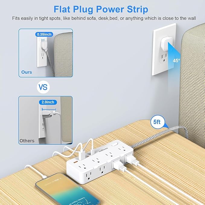 Power Strip Surge Protector - Multi Plug Outlet Adapter with 8 Widely Outlets & 4 USB Ports (2 USB-C), 5FT Extension Cord 45 ° Ultra Thin Flat Plug, Wall Mount for Office Travel Dorm and More
