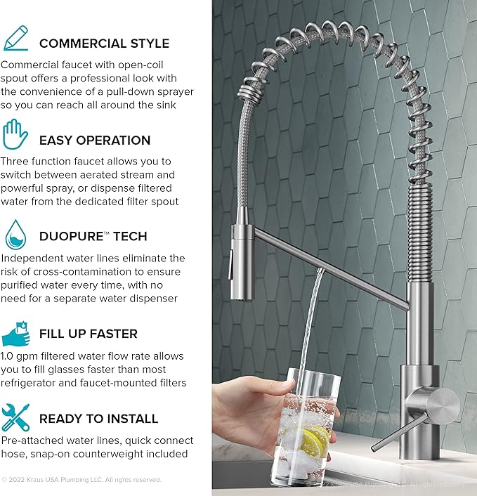 KRAUS Oletto 2-in-1 Commercial Style Pull-Down Single Handle Water Filter Kitchen Faucet for Reverse Osmosis or Water Filtration System in Spot-Free Stainless Steel, KFF-2631SFS