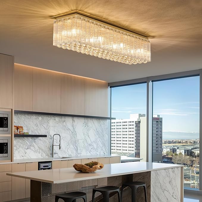 40 Inches Crystal Chandeliers for Dining Room, Gold Modern Ceiling Light for Living Room, Flush Mount Chandelier, Light Fixture for Entryway, Foyer, 8 Bulbs(Not Inclubed), E12 Base