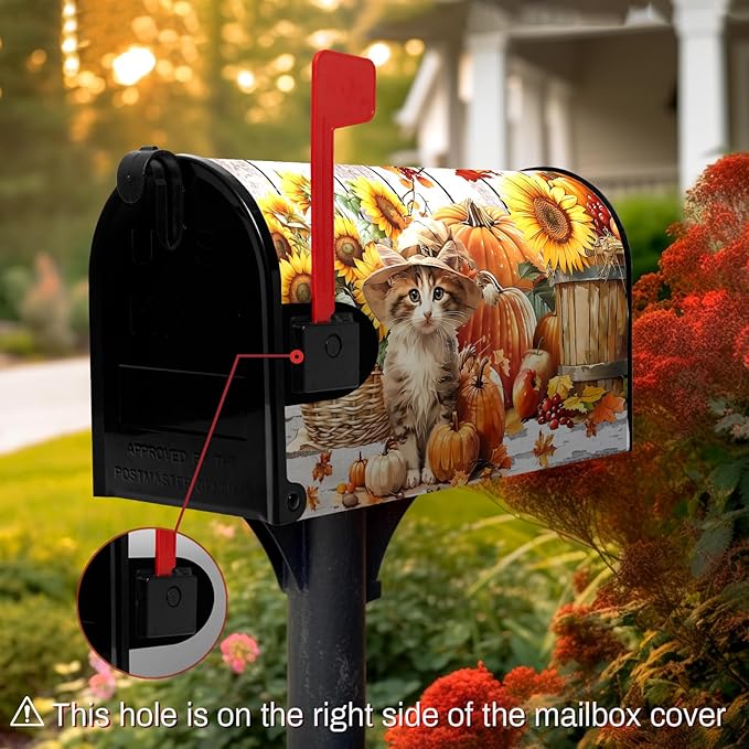 Fall Pumpkin Sunflower Mailbox Covers Magnetic 25.5X21 Inch Cute Cat Autumn Harvest Mailbox Cover Thanksgiving Wraps Post Letter Box Cover Large Size Garden Farm Outdoor Yard Decor