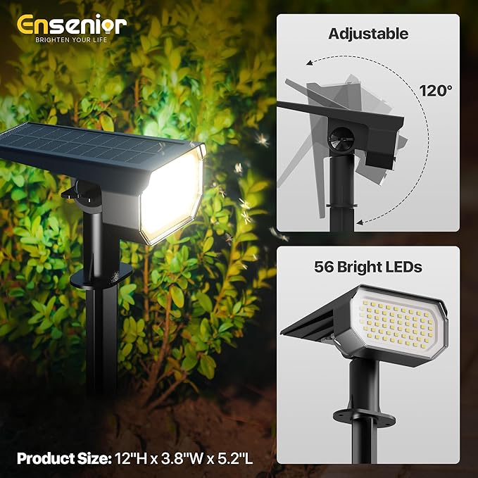 Ensenior Solar Spotlights Outdoor, Brightness Adjustable 6500K LED Solar Garden Lights, 56 LEDs Solar Powered Landscape Lights, Auto ON/Off, Waterproof, for Yard/Garden/Pathway - 4 Pack
