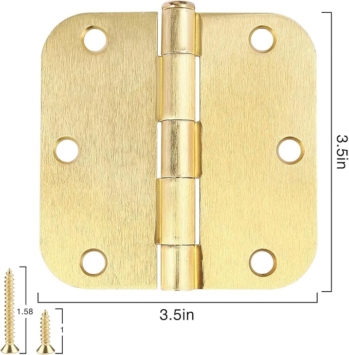 12 Pack Interior Door Hinges Brushed Brass 3.5 inch X 3-1/2" 5/8 Radius,3 ½"Satin Gold Round Standard Hinge for Single Doors DIY Assembly Bifold Table Hardware Kit House Accessories Home Eseentials