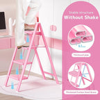GameGem Pink 4 Step Ladder, Sturdy Foldable Ladder, Integrated 7.9Inch Wide Pedal and Anti-Slip Feet for Steady Support, Suitable for Kitchen, Closet, Indoor and Outdoor Use, 330Lbs Load