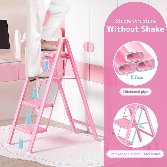 GameGem Pink 4 Step Ladder, Sturdy Foldable Ladder, Integrated 7.9Inch Wide Pedal and Anti-Slip Feet for Steady Support, Suitable for Kitchen, Closet, Indoor and Outdoor Use, 330Lbs Load