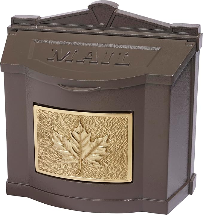 Gaines Wallmount Mailbox - Powder Coated Aluminum with Solid Brass Accents - Mounting Hardware Included (Bronze with Polished Brass Leaf)