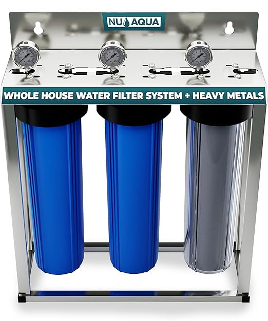 Nu Aqua 3 Stage Heavy Metal Whole House Water Filter System - 20” x 4.5” TDS Reducing Home Filtration - Sediment, KDF Granular Carbon, Carbon Block