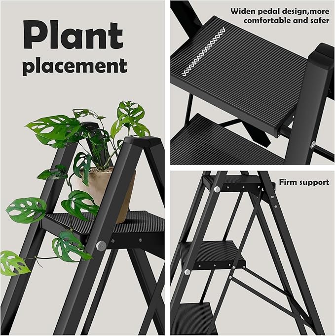 Taranta 4 Step Ladder,Aluminum Lightweight Folding 4 Step Stool with Anti-Slip Wide Pedal,330lbs Capacity Step Ladder for Household,Kitchen,Office - Black