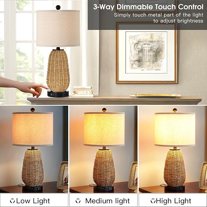 Touch Control Rattan Table Lamps, 3 Way Dimmable Bedside Lamps for Bedroom with 2 USB Ports and AC Outlet, Grass Rope Nightstand Lamps for Living Room Office (LED Bulbs Included)