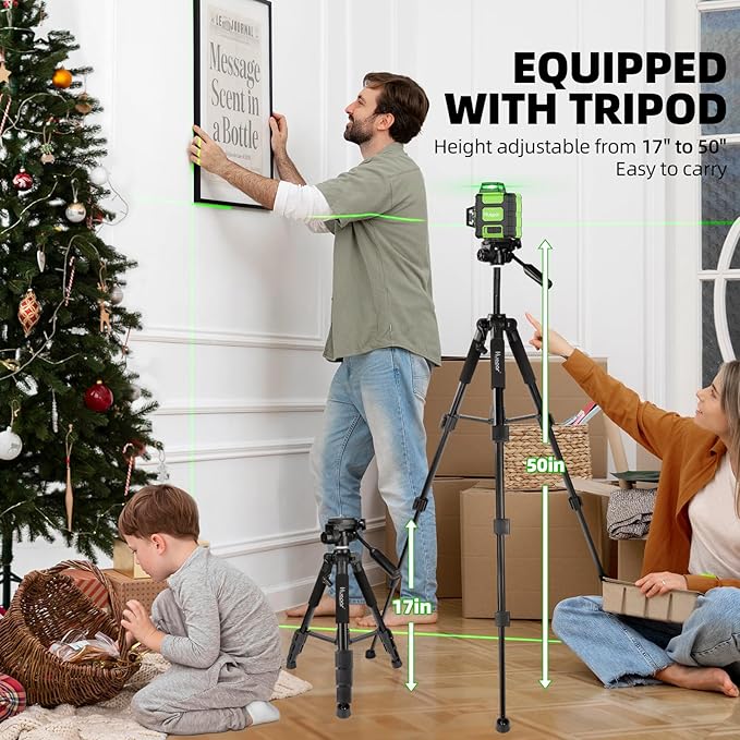 Huepar Laser Level 360° with Tall Tripod, Self Leveling Rechargeable Lazer Leveler for Construction and Picture Hanging, Nivel Laser with Pluse Mode for Outdoor, Hard Carry Case, 50" Tripod, Glasses