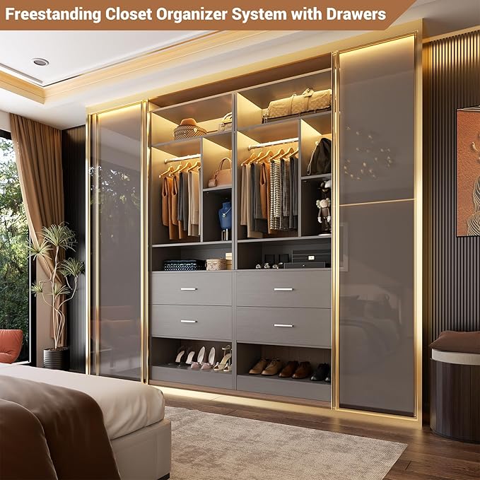 Freestanding 24" Closet System with 2 Wood Drawers, 2FT Small Closet Organizer System with 6 Shelves & Hanging Rod, Walk-in Closet Systems for Small Closets, Grey (24" L x 15" W x 80" H)