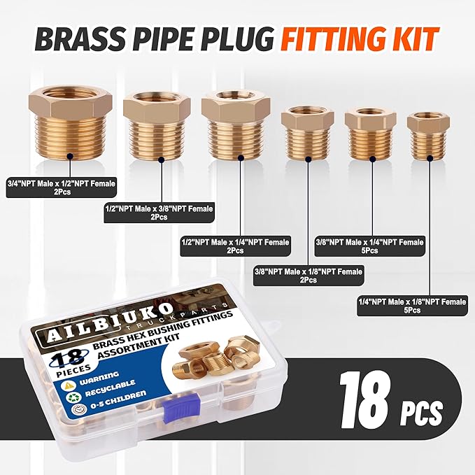 18PCS Brass Hex Bushing Fitting Kit,1/4" - 1/8", 3/8" - 1/8",3/8" - 1/4",1/2" - 1/4",1/2" - 3/8",3/4" - 1/2" NPT Pipe Fittings