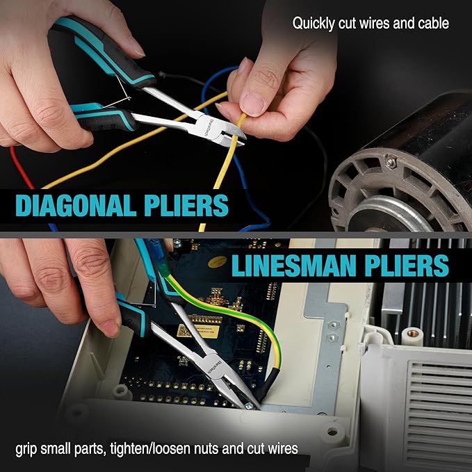 DURATECH 4PCS Long Reach Pliers Set with Pouch - Needle Nose, Diagonal, Linesman and Flat Nose, Mini Extra Long Pliers Set for Jewelry Making, Wire Bending and Object Gripping on Narrow Space