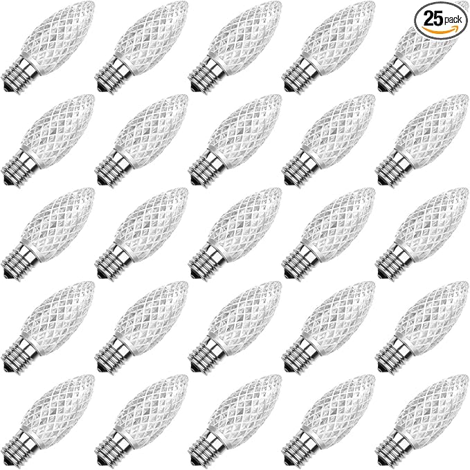 Meconard C9 Led Replacement Christmas Light Bulbs, C9 Shatterproof Led Bulbs for Christmas Indoor Outdoor String Lights, E17 Intermediate Base, Commercial Grade Holiday Bulbs, Cool White, 25Pack