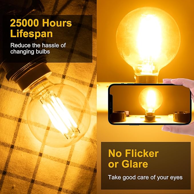 G16.5 Led Bulb, Small Round Edison Light Bulbs, Dimmable E12 Globe Amber Vanity Light Bulbs, 5w 2700k Vintage LED Filament Edison Bulb