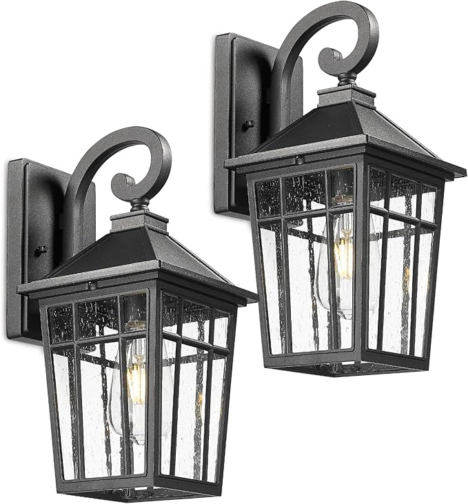 Darkaway Outdoor Wall Lights for House, Exterior Lighting Fixtures Wall Mount Outdoor Porch Lights Waterproof Black Outdoor Sconce Lights with Seeded Glass for Patio Hallway Garage,2 Pack