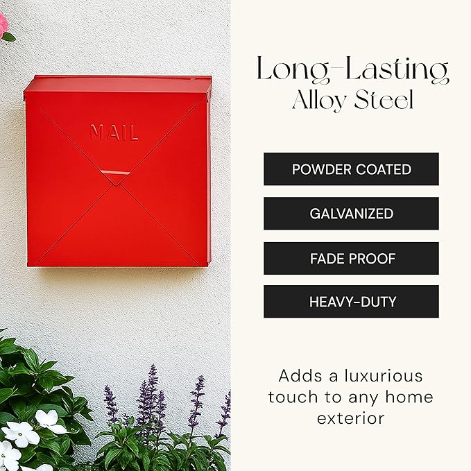 NACH Mailboxes for Outside Wall Mount, 10 x 10 x 4 inch Red Mail Boxes for House Outside, Waterproof Mailboxes for Outside - Chicago Style Mail Box