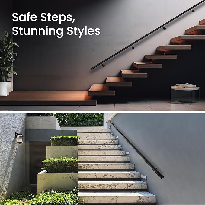 Meranti Aluminum Handrail for Indoor or Outdoor Steps and Stairs – Hand Rails for Elderly – DIY Complete Stair Railing Kit (AHR, Black Textured, 6' Length)