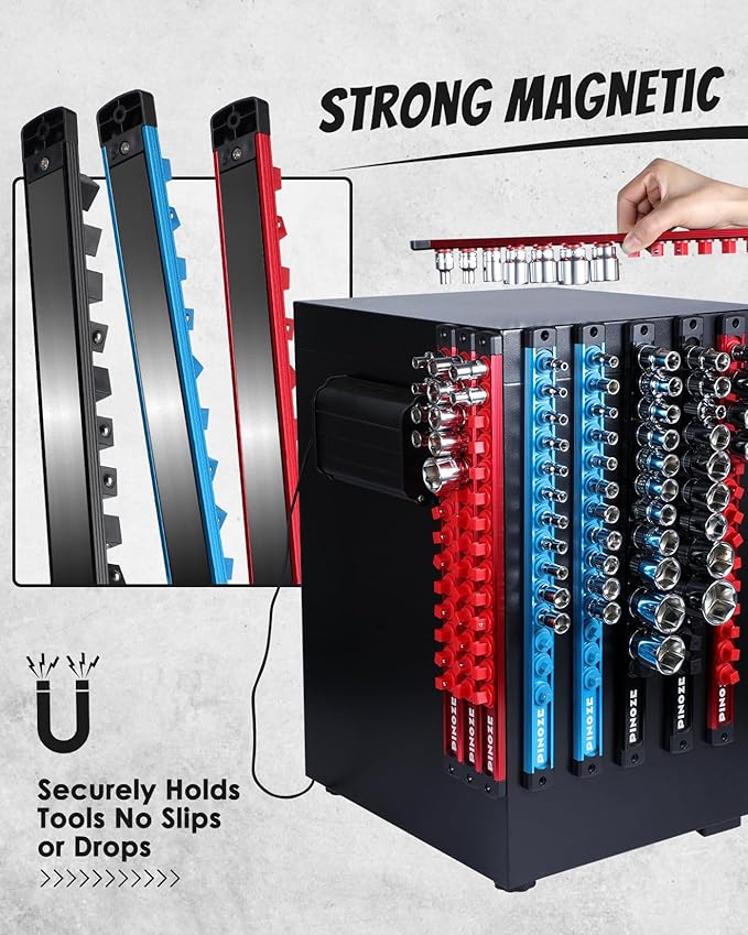 8PCS Magnetic Socket Holder Organizer Set - 1/4, 3/8, 1/2 - Aluminum Alloy Socket Rail Trays for Tool Box Drawer, Socket Rack Kit with 114Pcs Clips for Automotive Garage(Blue Red Black)