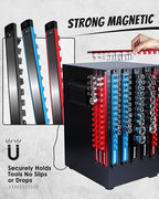 8PCS Magnetic Socket Holder Organizer Set - 1/4, 3/8, 1/2 - Aluminum Alloy Socket Rail Trays for Tool Box Drawer, Socket Rack Kit with 114Pcs Clips for Automotive Garage(Blue Red Black)