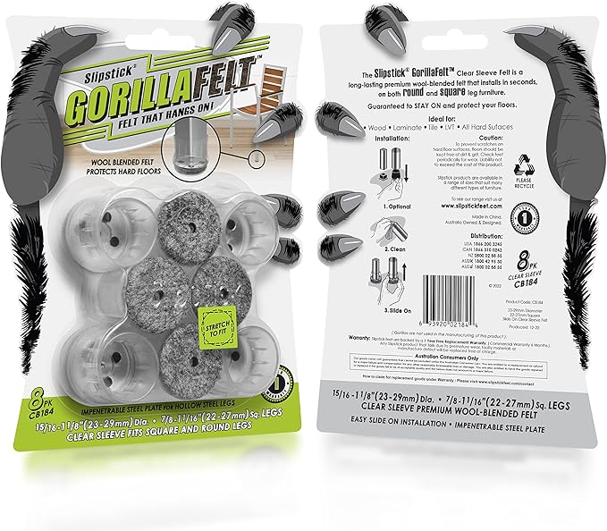 Slipstick GorillaFelt Chair Leg Floor Protectors for Hardwood Floors, Clear Sleeve Felt Pads for Furniture That Stay On, Fits Round & Square Legs, Includes 8 Premium Transparent Chair Socks, CB184