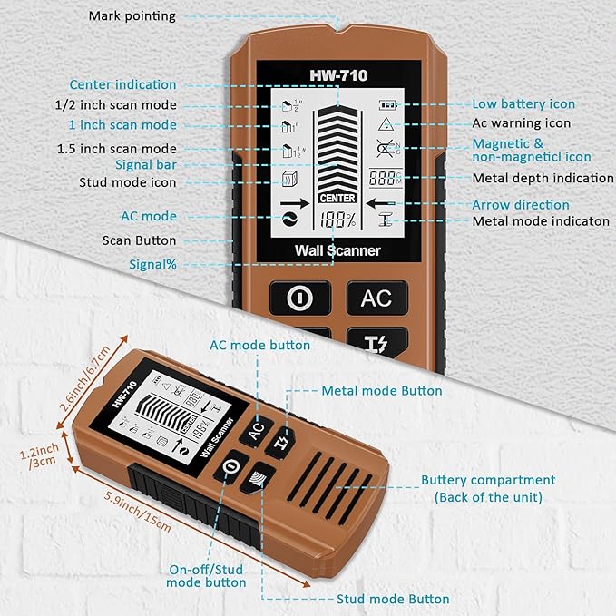 Stud Finder Wall Scanner, 5 in 1 Stud Detector with HD LCD Display, Stud Locator with Upgraded Smart Sensor Audio Alarm, Stud Sensor Beam Finders for Wall Wood Metal Studs AC Wire Joist Metal Pipe