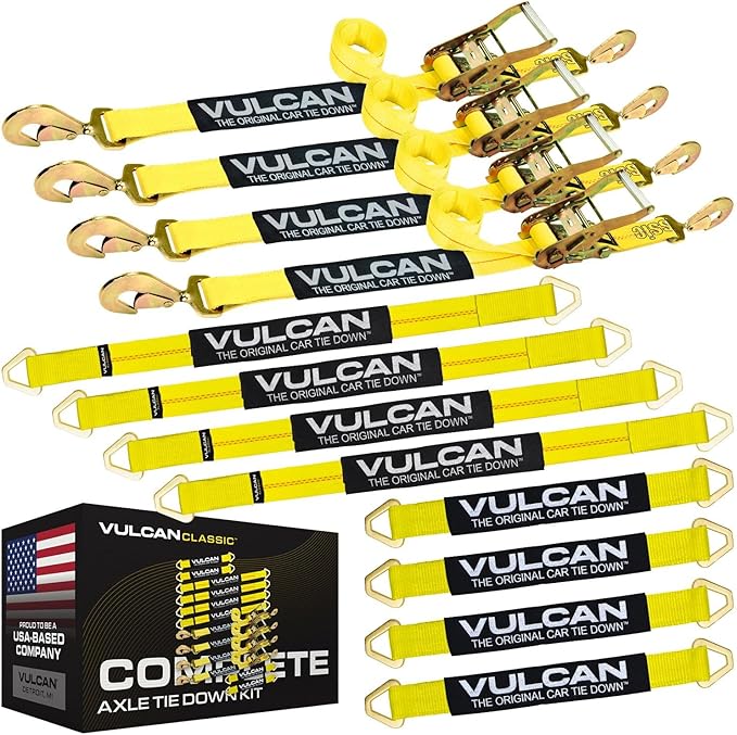 VULCAN Complete Axle Strap Tie Down Kit with Snap Hook Ratchet Straps - Classic Yellow - Includes (4) 22 Inch Axle Straps, (4) 36 Inch Axle Straps, and (4) 8' Snap Hook Ratchet Straps