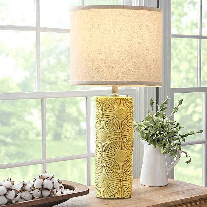 25.25" Ceramic Lamps Set of 2 for Living Room, Bedroom, Yellow Flower Table Lamps Set of 2 for Buffet, Ceramic Bedroom Lamp for Nightstand, Farmhouse Lamp for Console Table, Credenza
