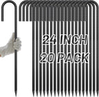 AAGUT 24Inch Rebar Stakes 20Pcs Heavy Duty 1/2 Inch J Hook Fence Anchors Curved Steel Garden Stake Yard Spikes with Sharp End for Camping Tent,Black Powder Coated