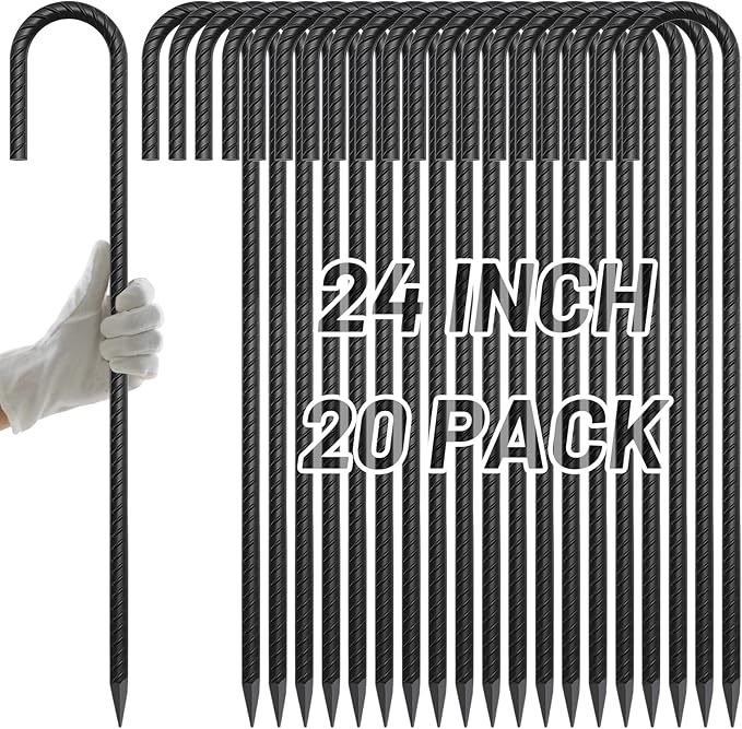 AAGUT 24Inch Rebar Stakes 20Pcs Heavy Duty 1/2 Inch J Hook Fence Anchors Curved Steel Garden Stake Yard Spikes with Sharp End for Camping Tent,Black Powder Coated