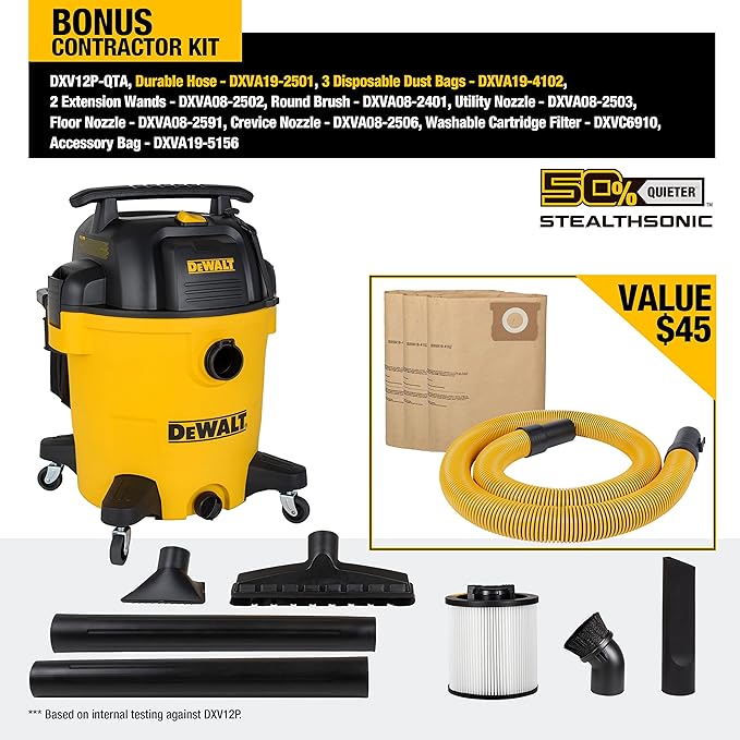 DEWALT 12 Gallon STEALTHSONIC Ultra Quiet Poly Wet Dry Vacuum, DXV12P-QTA Powerful Suction Noise Reduction Vac, 5.5 Peak HP Shop Vacuum for Jobsite/Workshop, Reduce Motor Noise, Yellow