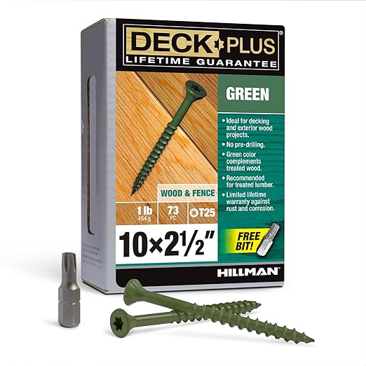 Deck Plus 2-1/2 Inch Epoxy Coated Exterior Wood and Fence Screws #10 x 2-1/2" Torx/Star Drive Included Coarse Thread, Outdoor Rust Resistant Decking Screw, Green, 1lb Box, 73 Pieces | 48401