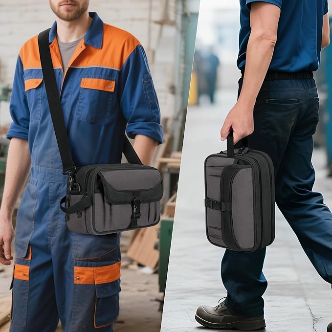 Small Canvas Tool Pouch with Zipper, 12 Inch Tool Organizer Bag, Double Layer Utility Storage Bag with Shoulder Strap for Electrician, Black/Gray (Empty Bag)