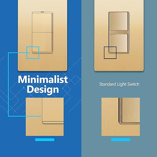 LIDER Minimalist Design Matte Finish Lighted Double Switch with Screwless Wall Plate, Combination Frameless Decorator Switch with Locator Light, Ground Terminal, Single Pole, 15A 120V, UL Listed,Gold