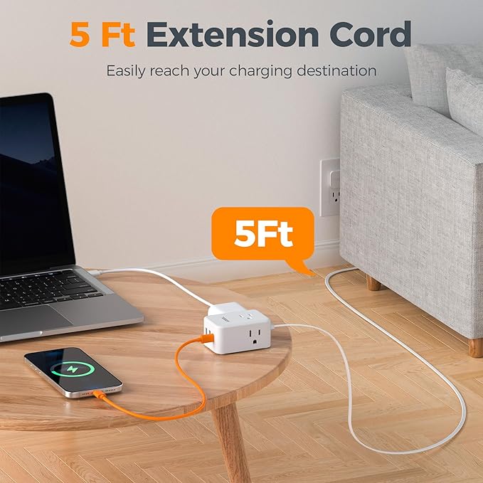 TESSAN Cruise Essentials, Flat Plug Power Strip, 5 Ft Extension Cord with 3 USB (1 USB C), 3 Outlets Small Charging Station, Non Surge Protector for Cruise Ship Travel, Dorm, Home Office, White