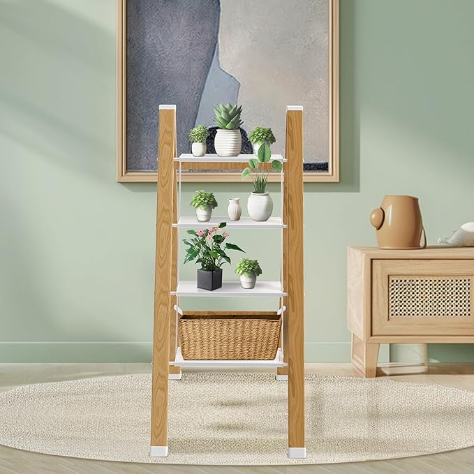 Lightweight Folding Step Ladder Household, Aluminum 4 Step Ladder Foldable for Home, Sturdy Step Stool for Adults 330 Lbs - White & Wood Grain