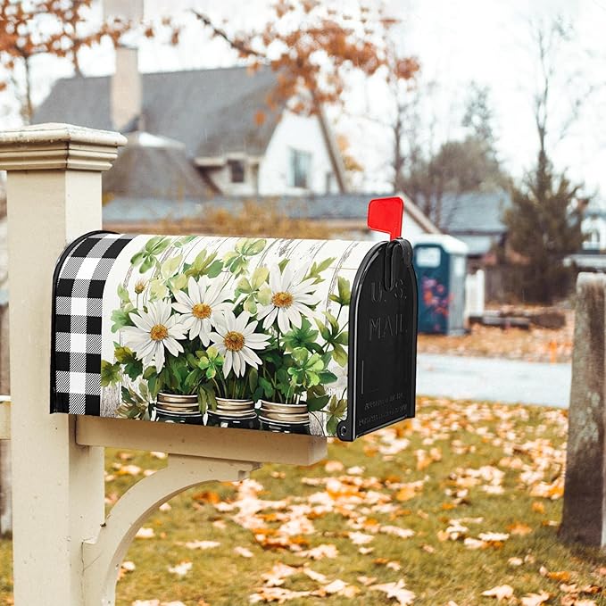 Buffalo Plaid Daisy Mailbox Covers - Magnetic, Waterproof, Spring/Summer Floral Designs - Standard Size 21 x 18 Inch - Farmhouse Welcome Cover - Garden/Yard Decor