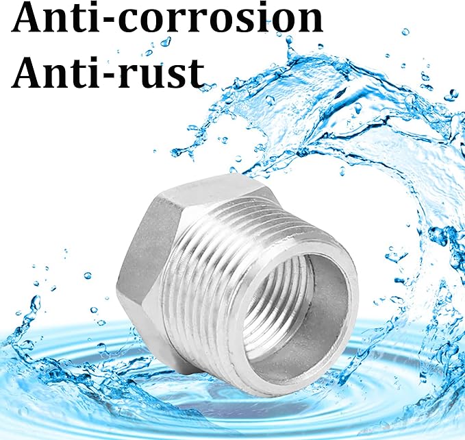 2 Pcs 304 Stainless Steel Reducer Hex Bushing, 3/4" Male NPT to 3/8" Female NPT Pipe Fitting Hex Bushing, Heavy Duty Pipe Fitting Reducer Adapter (3/4" - 3/8")