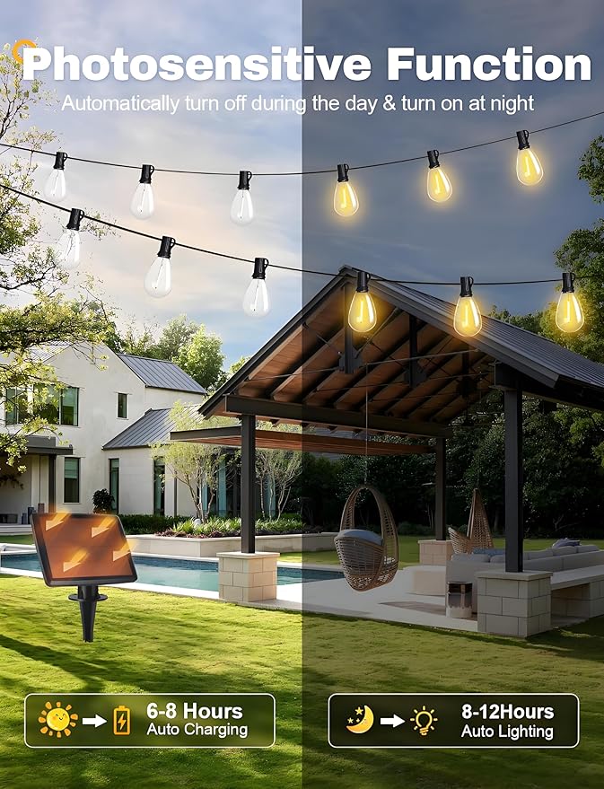 Tenmiro 60FT Solar String Lights Outdoor with Remote and 16+2 LED Shatterproof Bulbs Dimmable & Timing 3 Light Modes Solar Patio String Lights for Cafe, Garden, Deck, Outside Wedding Last for 10+Hrs