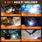 250A MIG Welder,6 in 1 Gas MIG/Gasless Flux Core/Stick/Lift TIG/Spot Welding/Spool Gun Compatible Aluminum Welding Machine Large LED Display 110V/220V Multi Process Welder